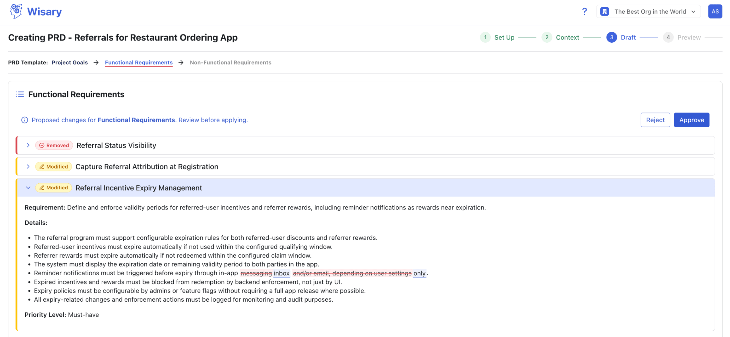 Wisary transparent AI refinement with reviewable diffs and Impact Insights
