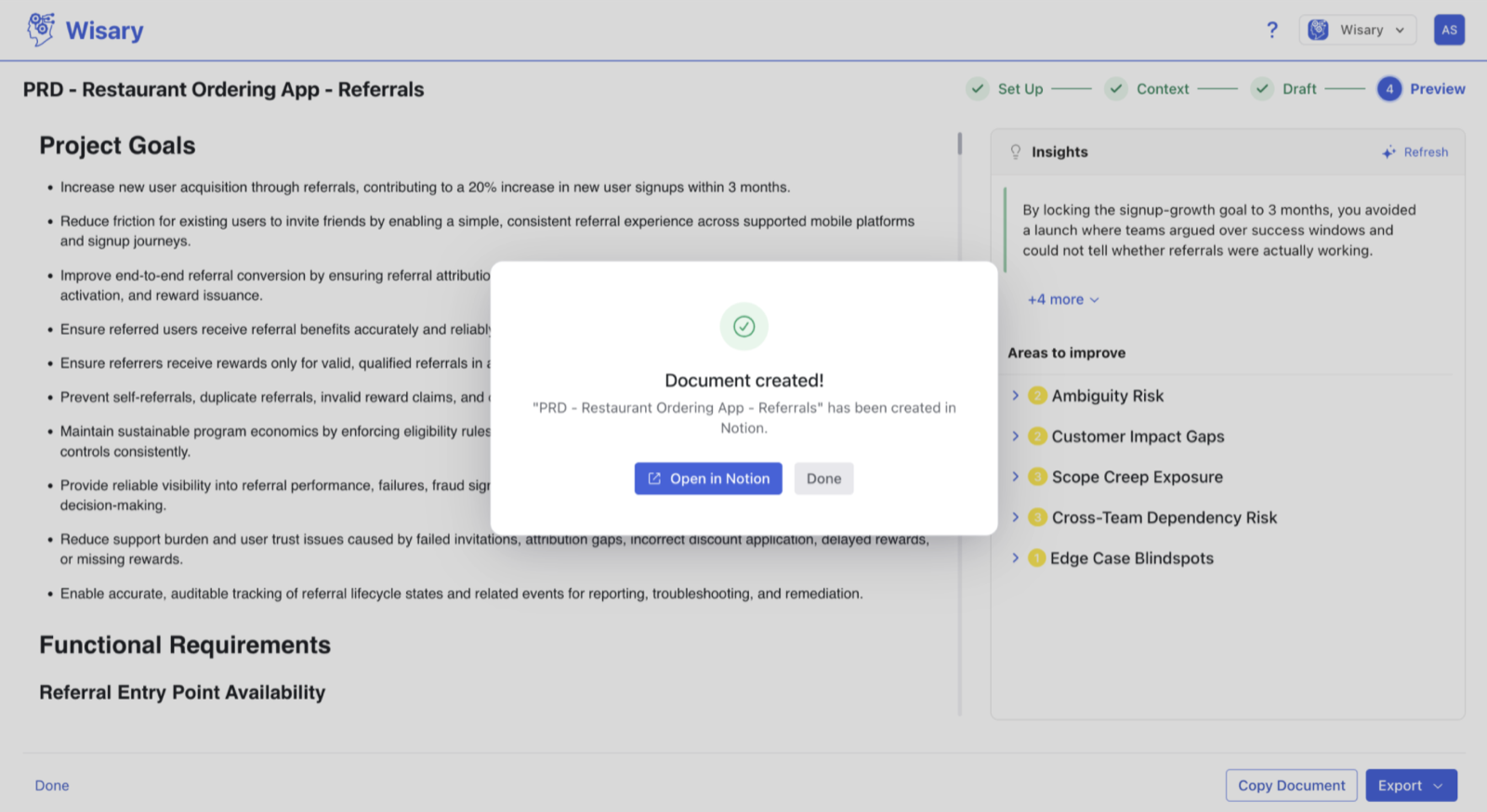 Wisary's “Document created!” confirmation after exporting a document to Notion, with an Open in Notion button.