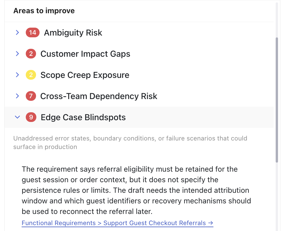 Wisary's Insights panel listing areas to improve with open gap counts per quality metric