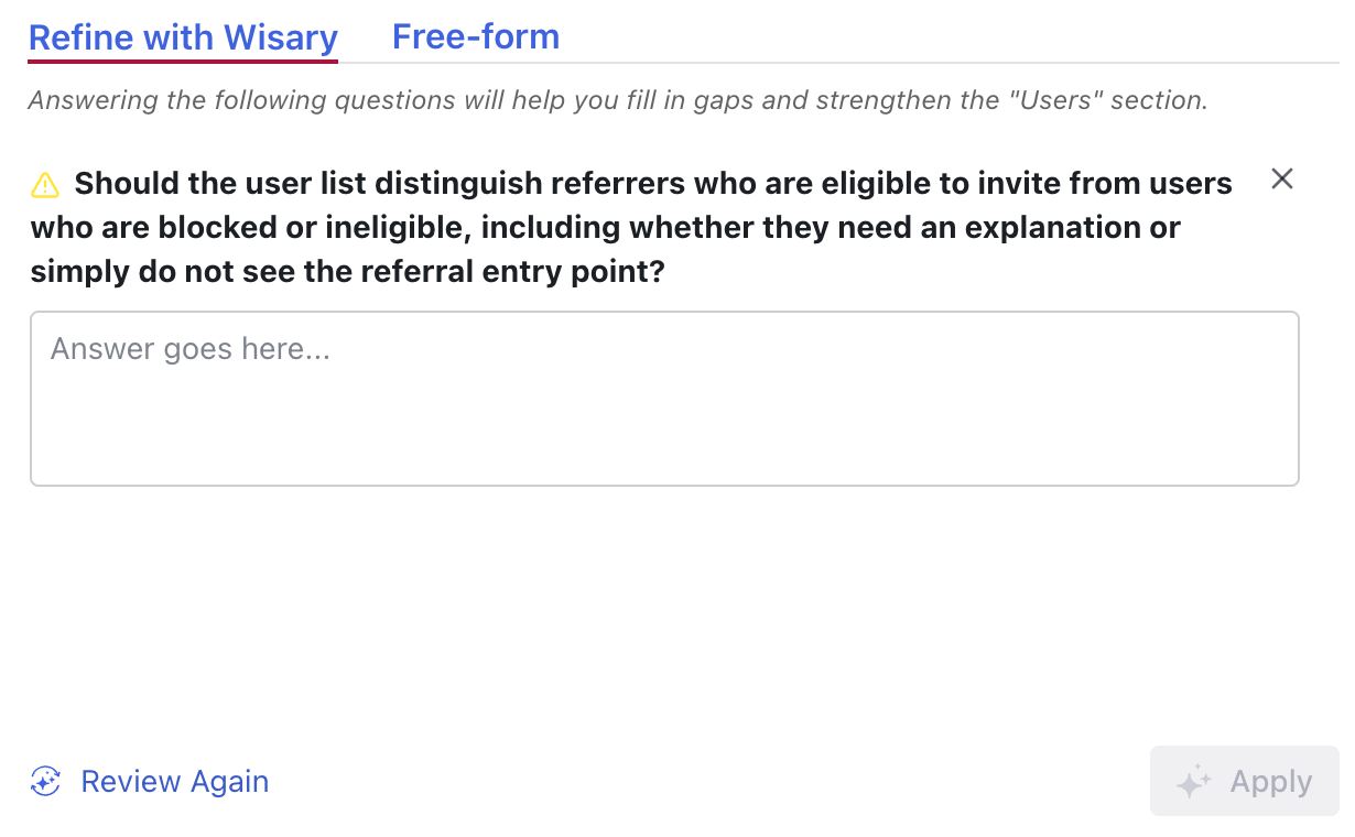 A guided question in Wisary's Refine panel, with an answer box, a dismiss control, and Apply